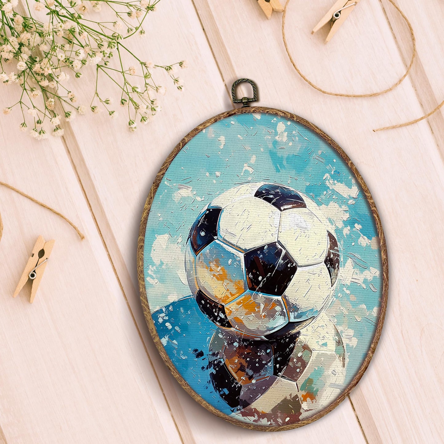 Hxlac Soccer Ball Sports Oval Wall Art Framed, Sports Oval Wall Decor, Soccer Gifts Canvas Prints Wall Sculptures for Kids Boys Room Bedroom Playroom Decor, 8.5x11.5 Inch