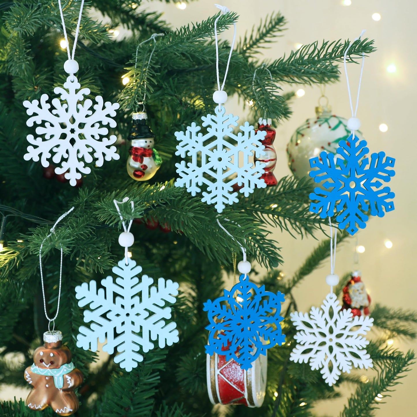 24Pcs Blue Snowflake Ornaments for Christmas Tree Decorations, 3inch Wooden Snowflakes Christmas Ornaments for Winter Wonderland DIY Craft New Year Xmas Supplies