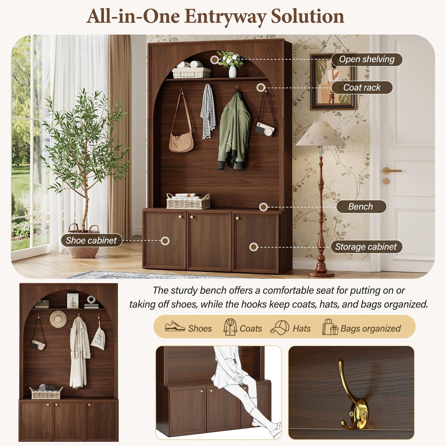 Merax Farmhouse Hall Tree with Bench and 3 Cabinets, 4-in-1 Entryway Coat Rack with 4 Golden Hooks and Top Compartments, 77.5" Retro Arched Entryway Hall Tree for Hallway, Mudroom, Entrance, Walnut