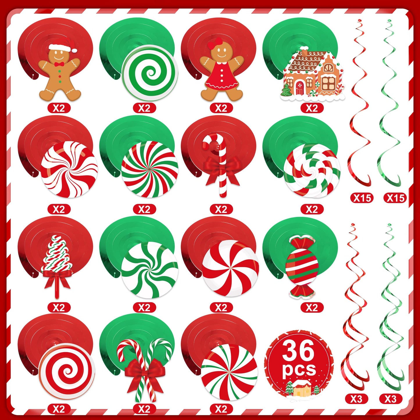 36 PCS Christmas Hanging Swirls Decorations Pre-Strung Candy Gingerbread Man Hanging Streamers Christmas Red Green Candies Gingerbread House Ceiling Swirl Streamer for Xmas Holiday Party Home Decor