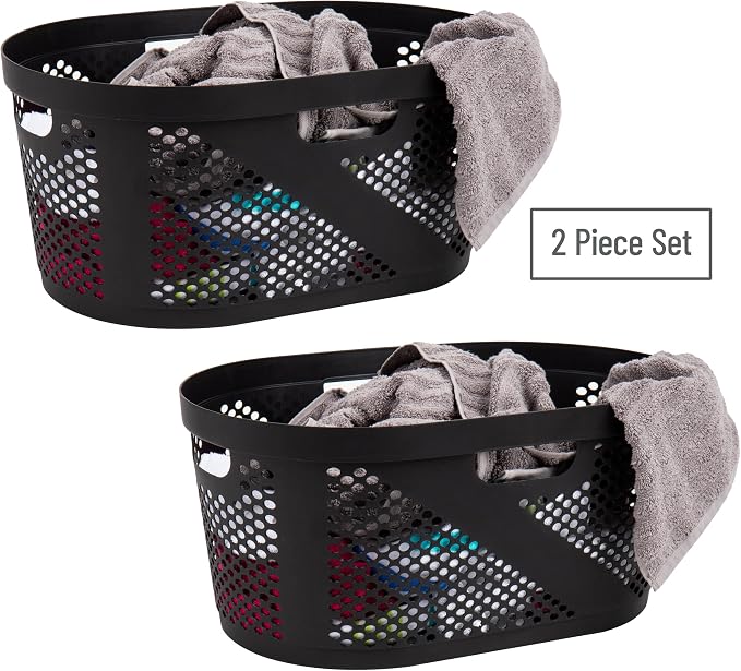 Mind Reader 40L Ventilated Laundry Baskets, Lightweight Clothes Hamper with Cutout Handles for Bathrooms and Closets, Plastic, Set of 2, Black