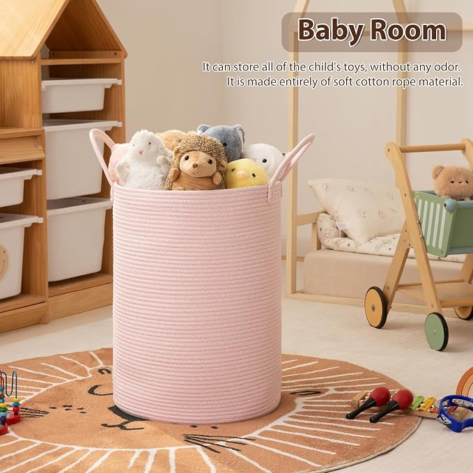 OIAHOMY Large Laundry Basket Hamper - 100L Cotton Rope Woven Basket for Blankets, Toys, Clothes - Tall Decorative Nursery Hamper with Long Handles, Pink