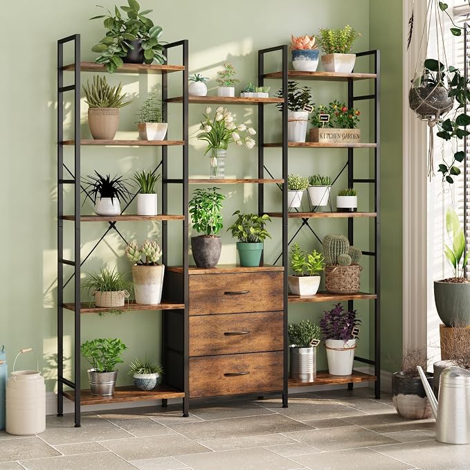 AFLUI Triple Bookshelf with 3 Fabric Drawers, 5-Tier Book Shelf and 10 Display Shelves, Industrial Large Bookcase for Home & Office, Rustic Brown, 47'' Wide