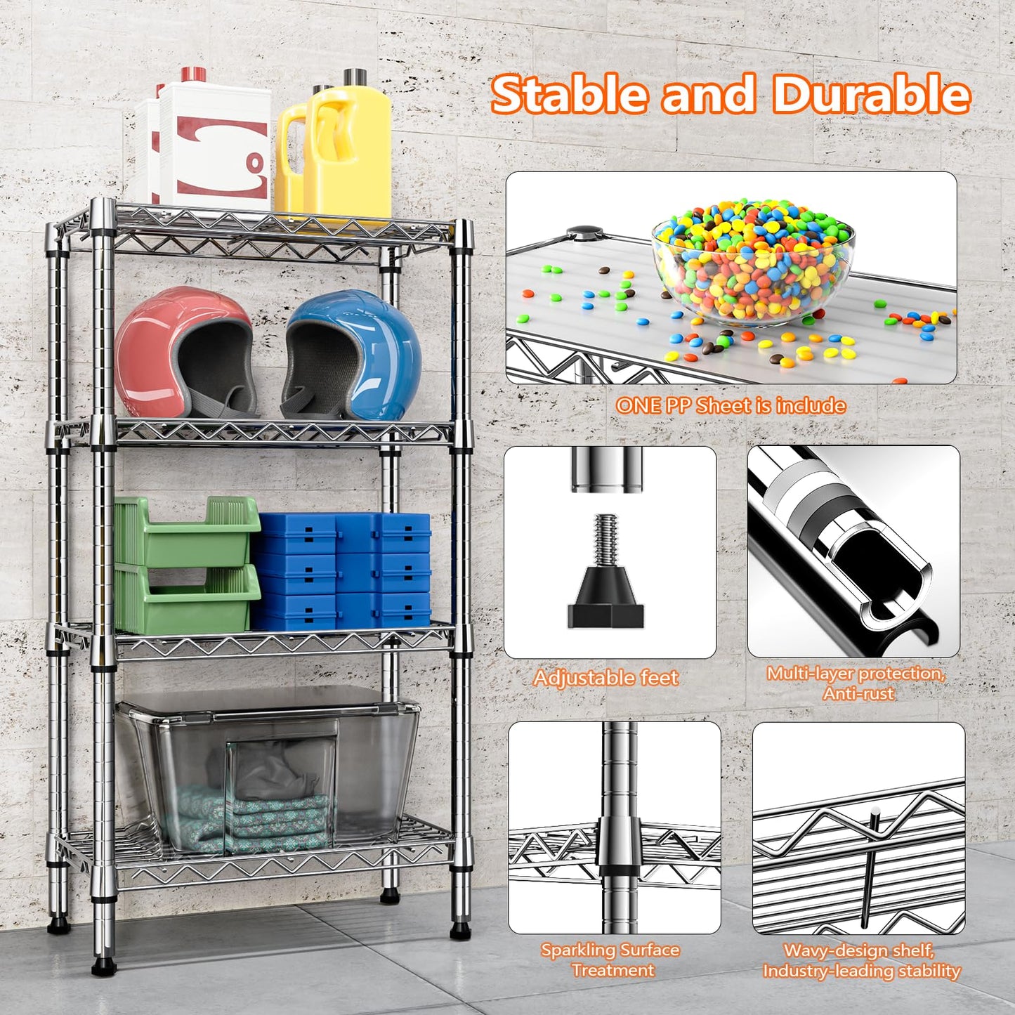 M MZG 1000 lbs 4 Tier Shelf Metal Storage Shelves Wire Rack Closet Organizers with PP Board for Garage Kitchen Bathroom Laundry Chrome 11.8" D x 21.7" W x 39.5" H