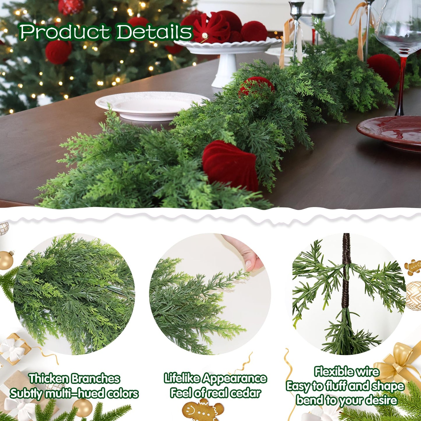 Christmas Cedar Garland Artificial Realistic Green Faux Real Touch Winter Pine Garland for Mantle Fireplace Wall Table Indoor Outdoor Decoraiton 5FT