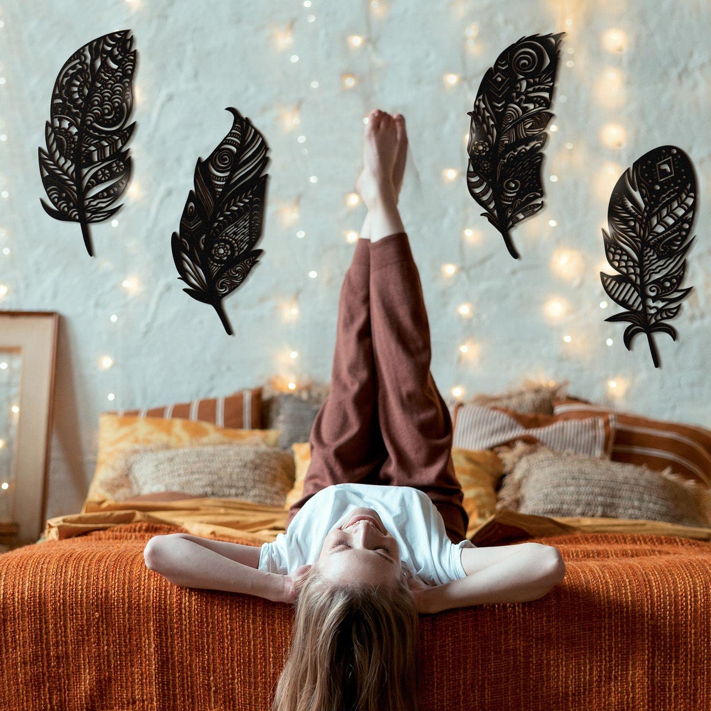 Qunclay 4 Pieces Feather Wall Decor Wooden Feather Wall Art Boho Wall Decor Laser Cut Hanging Mandala Large Rustic Farmhouse Wood Sign for Home Living Room Bedroom Bathroom Kitchen(Black)