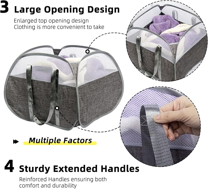 Collapsible Laundry Basket, 90L Foldable Pop-up Laundry Hamper with Reinforced Handles, Tear Proof Mesh Dirty Clothes Hamper for Laundry (Gray)