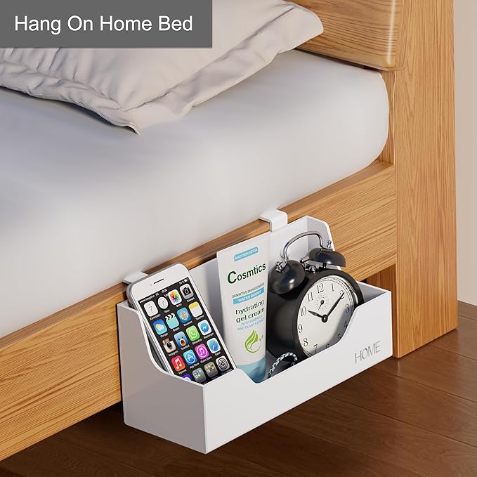 Bedside Caddy Hanging Storage Basket Little Size Plastic Beside Shelf Hang-on Storage Organizer for Collage Dorm Bunk Bed,Changing Table - Bedroom Essentials for Phone,Mini Speaker,Tissues (White)
