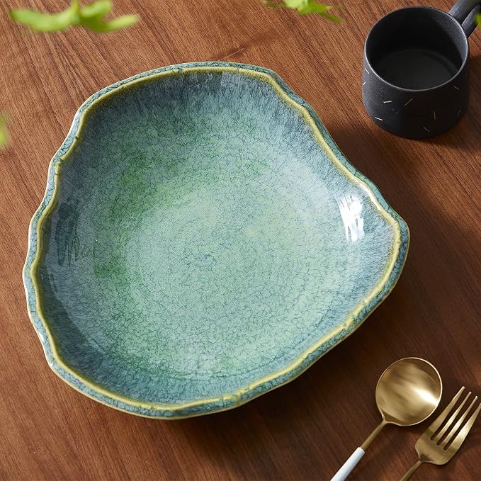 Large Ceramic Decorative Bowl, 12" Green Reactive Glaze Centerpiece Bowl, Modern Coffee Table Decor, Entryway Catchall Key Bowl, Decorative Fruit Bowl for Dining Table Living Room (12'')
