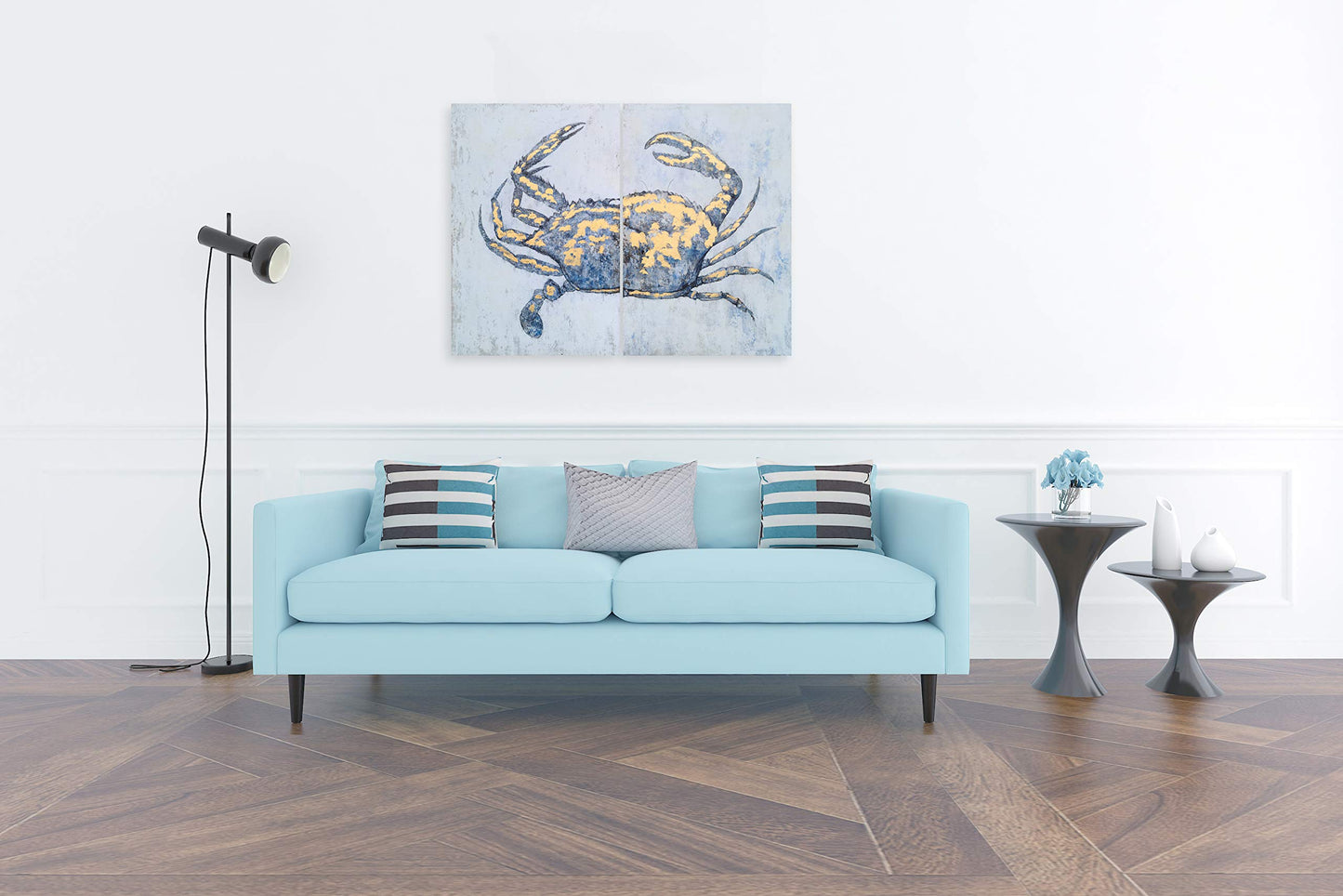 Yihui Arts Blue and Gold Foil Crab Diptych Wall Art - Nautical & Retro Art Decor for Home