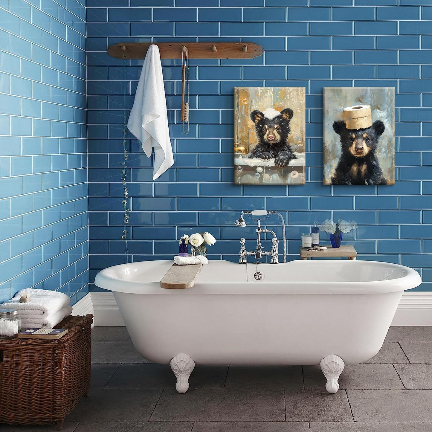 BHSUUHIT 2 Pcs Bear Bathroom Wall Art Funny Bathroom Animal Pictures Prints Black Bear With Paper Wall Decor Sitting in Bathtub Canvas Cute Humorous Posters Ready to Hang Home Decor(12x16in Canvas)