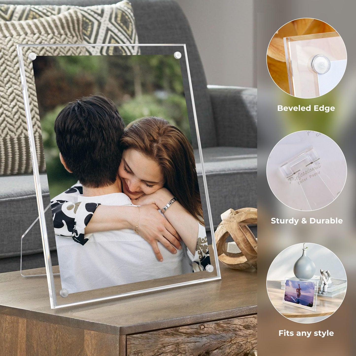3 Pack 6x8 Acrylic Picture Frames With Stand, Floating Effect Size: 5x7 or Smaller, Frameless Frame With Strong Magnets, for Wedding Sign Reception, Decoration, Photos and Art Display