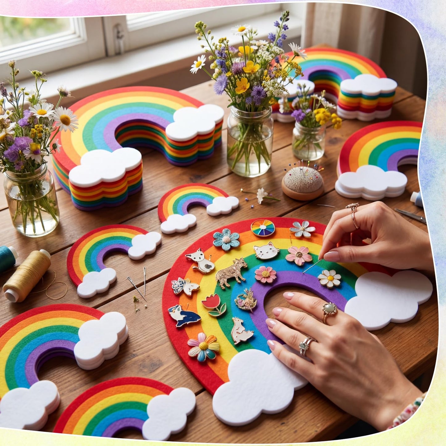 YooNotee 12 Pcs Rainbow Felt Wall Decor Rainbow Bulletin Board 3 Size Bohemian Nursery Decor Wall Hanging Supply for Nursery Bedroom Living Room Home Dorm Art