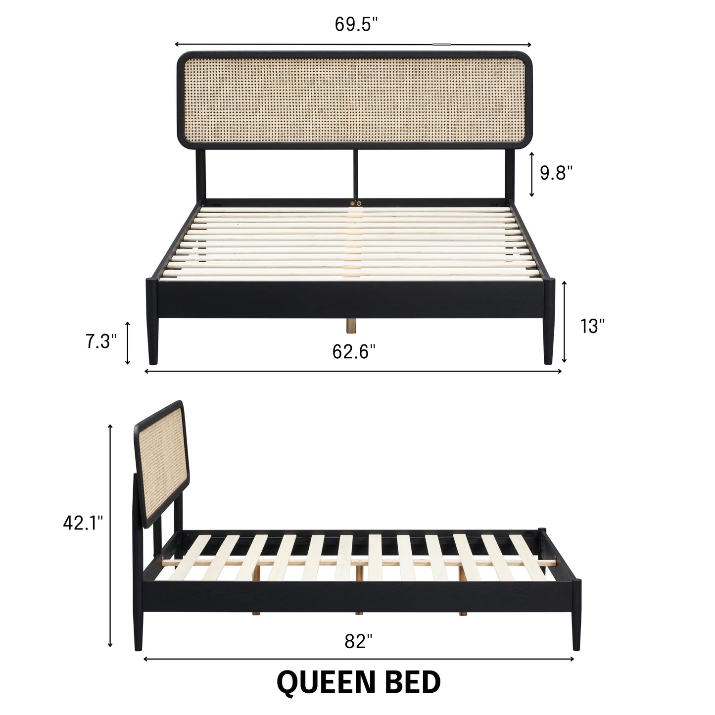 NTC Lupin Wooden Bed Frame with Headboard and Natural Rattan, Solid Oak Foundation with Silent Slats, 1000 Lb Capacity, Effortless Assembly, Queen - Burnt Black