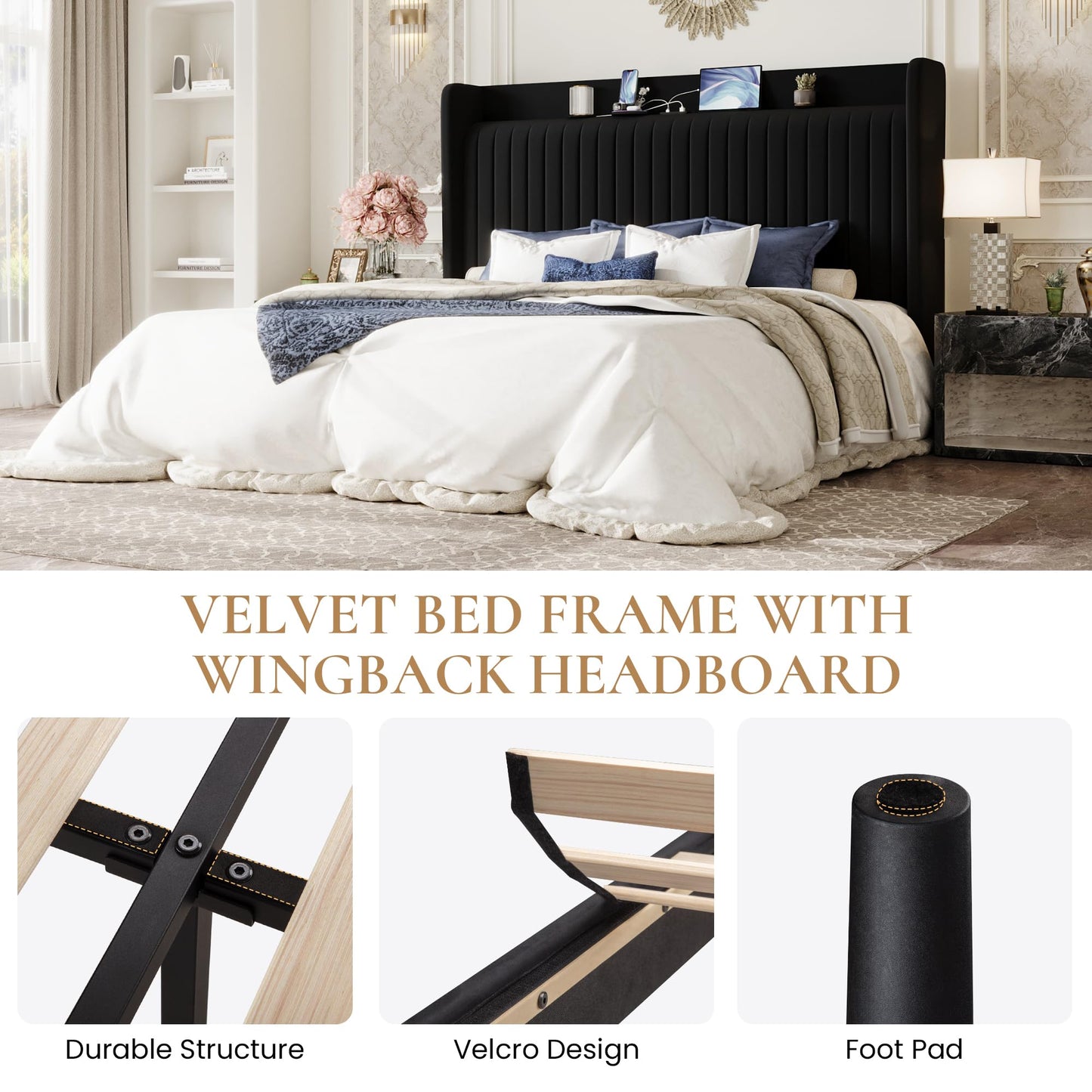 SHA CERLIN King Size Velvet Bed Frame with USB Charging Station, Wingback Storage Headboard, Upholstered Platform Bed with Wooden Slats Support, No Box Spring Needed, Easy Assembly, Black