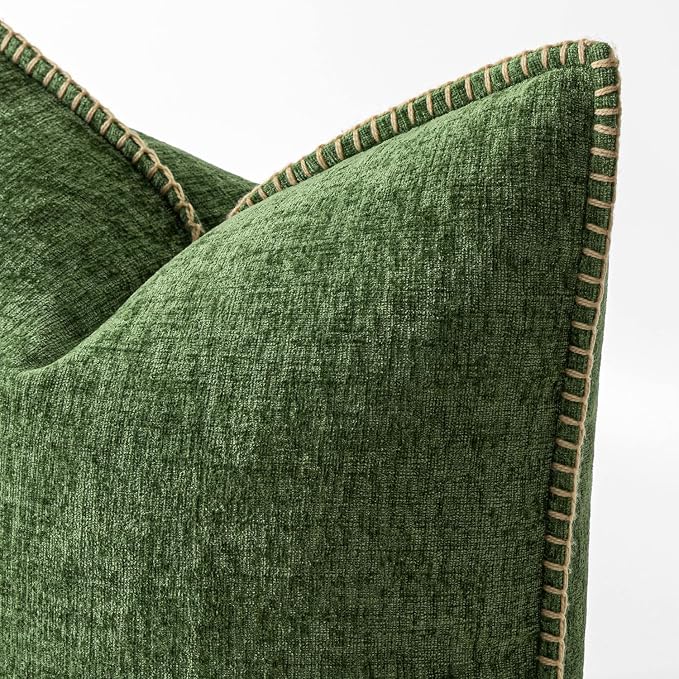 MIULEE Pack of 2 Couch Pillow Covers 16x16 Inch Moss Green Farmhouse Decorative Throw Pillow Covers with Stitched Edge Soft Chenille Solid Dyed Pillow Covers for Sofa Bed Living Room, Forest Green