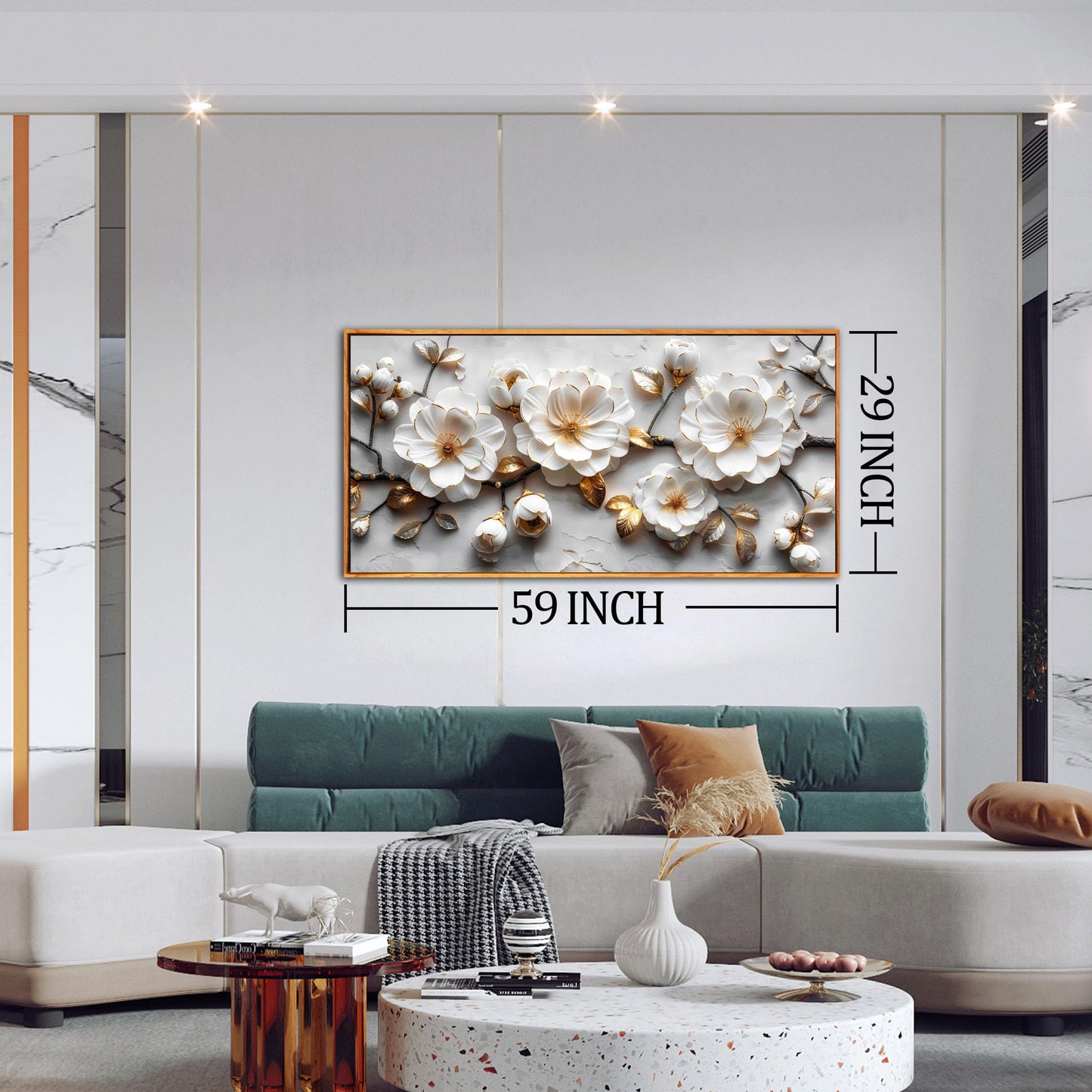 Ouzzlie Floral Wall Decorations White Pictures Modern Framed Poster Wall Art Gold Wall Decor Big Artwork 29"x 59"