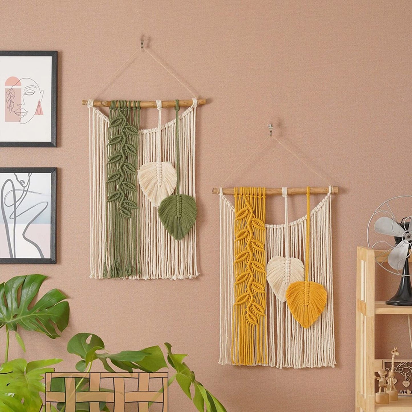 TITA-DONG Macrame Wall Hanging, Boho Woven Leaf Tassels, Modern Art for Bedroom Living Room Decor, Green Yellow(Green)
