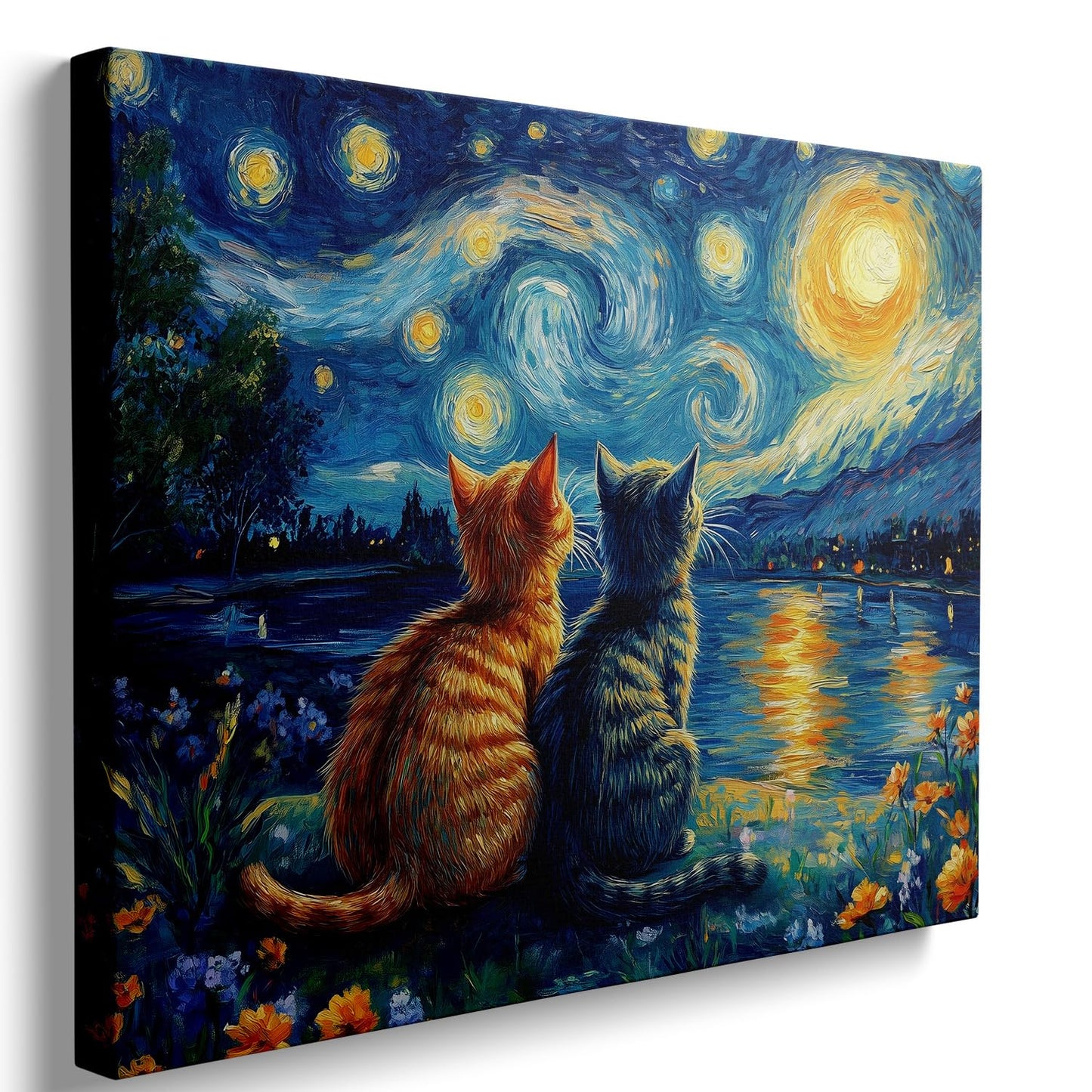 Ypxzzj Van Gogh Starry Night With Cartoon Cats Canvas Wall Art,Night Starry Pictures Paintings Wall Decor, Animal Cats Artworks for Bedroom Living Room Wall Decor Framed Ready to Hang