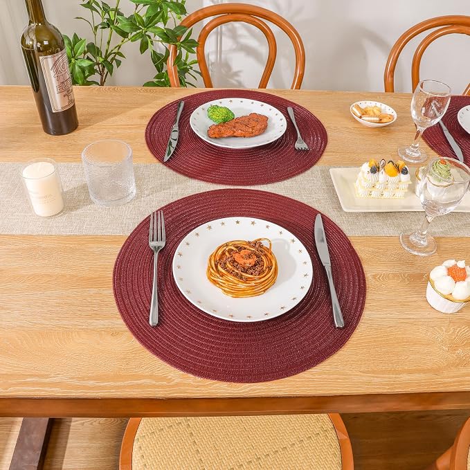 SHACOS Round Placemats Set of 4 for Dining Table 15 inch Round Braided Place Mats Washable Non Slip Kitchen Table Mats, Burgundy