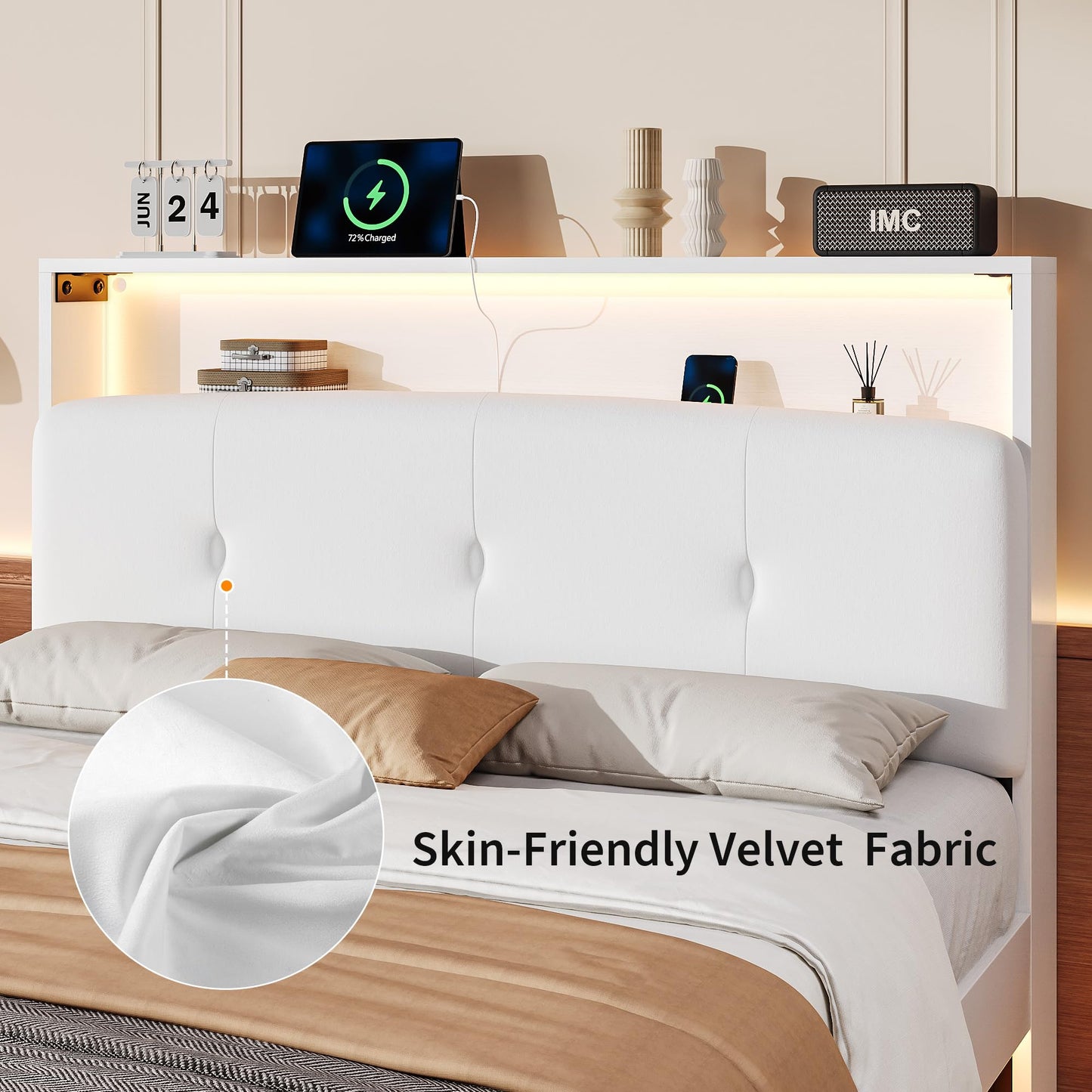 Einhomn Floating Bed Frame Full with 2-Tier Storage Velvet Fabric Upholstered Headboard, Wooden Platform Bed Frame w/Charging Station & LED Lights, Metal Slats Support, No Box Spring Needed, White