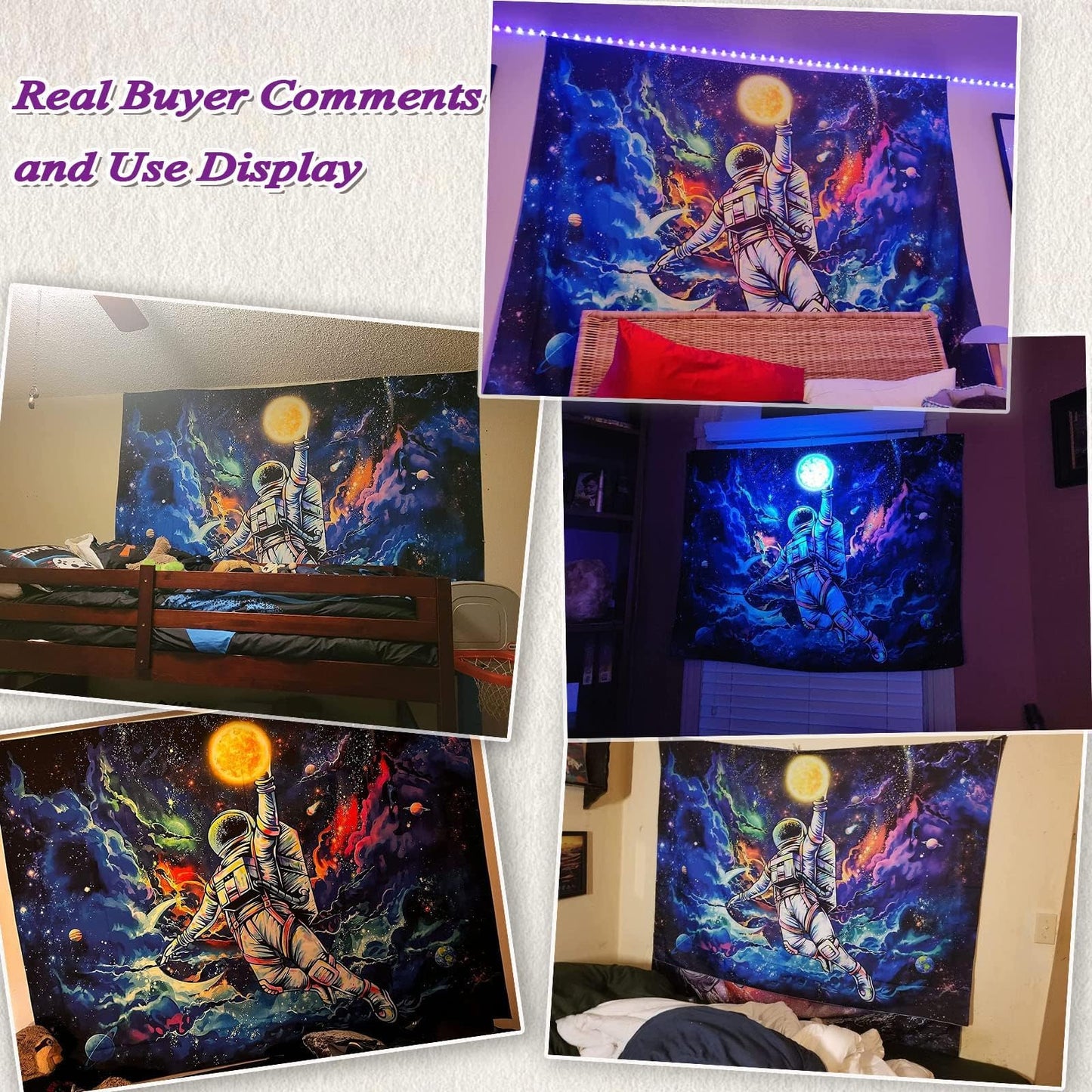 kampdream Blacklight Astronaut Space Tapestry, UV Reactive Galaxy Universe Planet Glow in Dark Tapestries for Men, Boys and Teens Cool Poster 36×48 inch