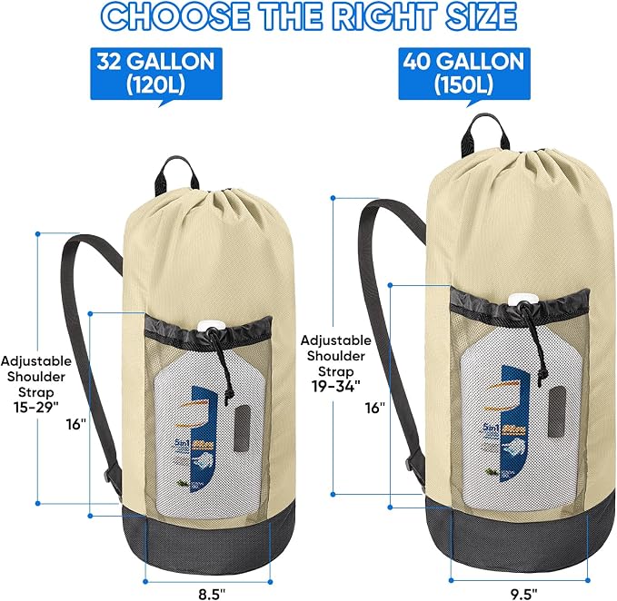 BALEINE 120L Laundry Bag Backpack, 900D Oxford Fabric Large Travel Laundry Bags with Shoulder Straps and 2 Mesh Pockets for College Dorm, Apartment, Laundromat (Beige, 120L)