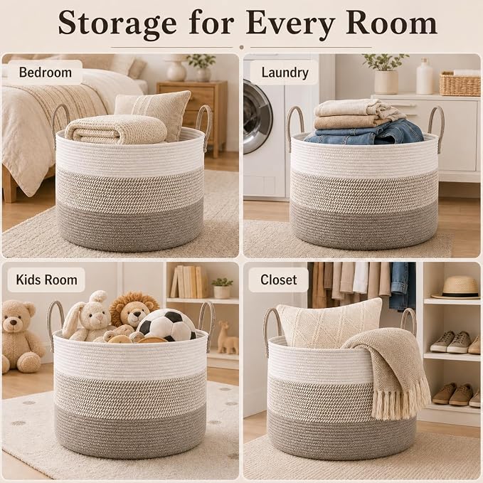 JMvicyroam 115L Extra Large Blanket Basket for Living Room - Woven Cotton Rope Laundry Hamper with Reinforced Handles - Storage Bin for Pillows, Comforters & Toys - Machine Washable,White&Brown Mix