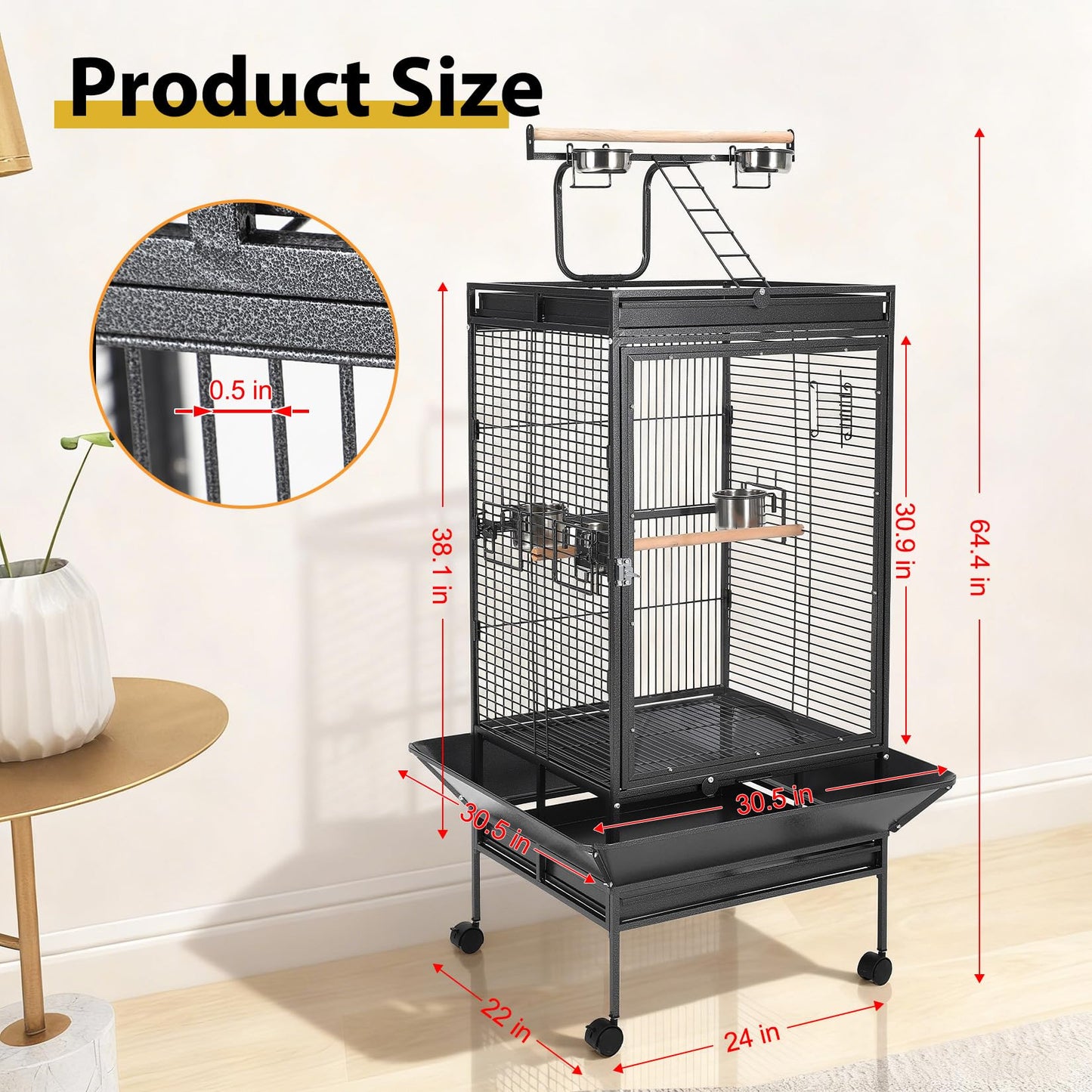 64.4" Tall Large Bird Cage, Metal Parrot Cage with Play Top, Rolling Stand & Bowls - Bird Aviary for Parrots, Conures, Cockatiels, Parakeets, Indoor Outdoor Aviary for Outside Porch Yard Garden