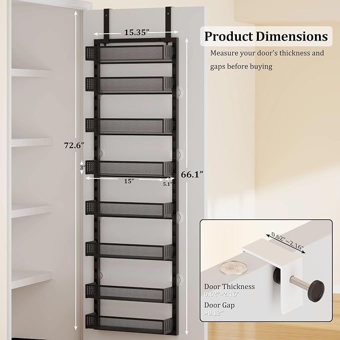 Over the Door Pantry Organizer, 8-Tier Over the Door Spice Rack with Adjustable Baskets, Wall-Mounted or Hanging Shelves for Kitchen, Laundry Room, Bathroom(Black, 15.35"W x 5.2"D x 72.6"H)
