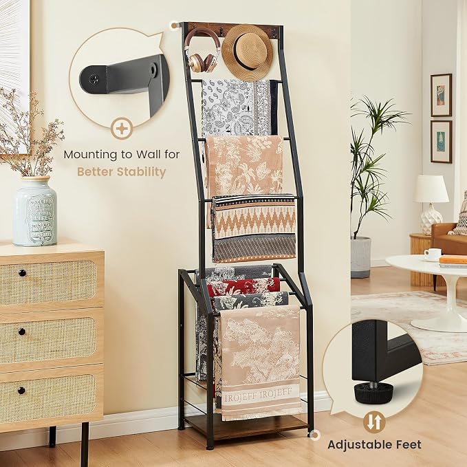 Pinzoveco Blanket Ladder, 7 Tier Wooden Ladder Shelf with Hooks, 5.5ft Blanket Holder Rack Farmhouse Ladder Rack for Storage and Home Decor, Rustic Brown and Black