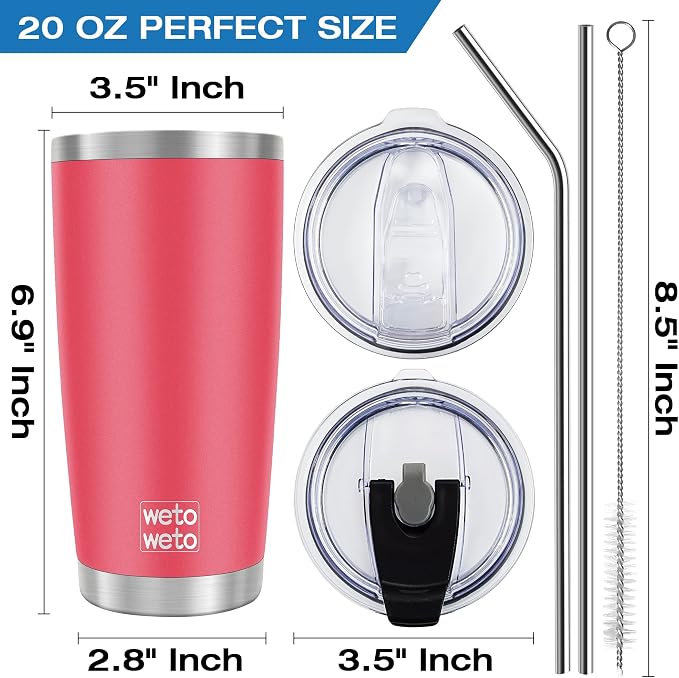 WETOWETO 20oz Tumbler with 2 lids and 2 straws, Stainless Steel Vacuum Insulated Water Coffee Tumbler Cup, Double Wall Powder Coated Spill-Proof Travel Mug Thermal Cup (Watermelon Red, 1 Pack)