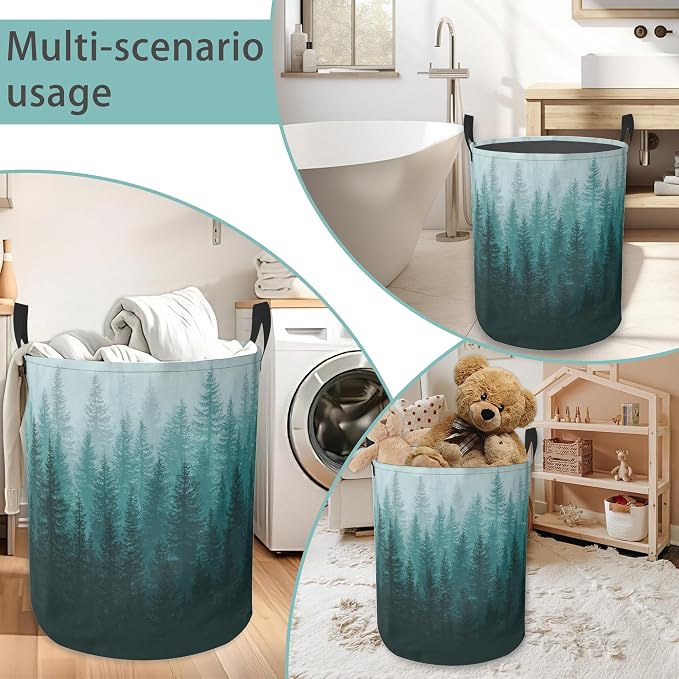 Green Misty Forest Round Laundry Hamper Storage Basket Toys Clothes Organizer Bin For Home Bathroom Bedroom Dorm Nursery