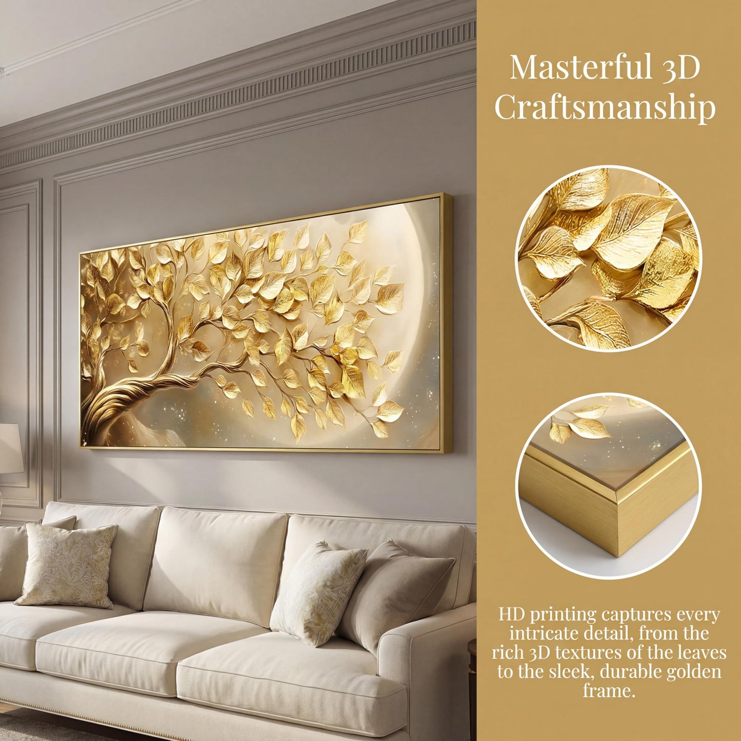 BirdSuite Gold Framed Golden Leaf Money Tree Wall Art, Luxury 3D Effect Canvas Print, Ready to Hang Wall Decor for Living Room Bedroom Office Dining Room Entryway, 48x24 Inch