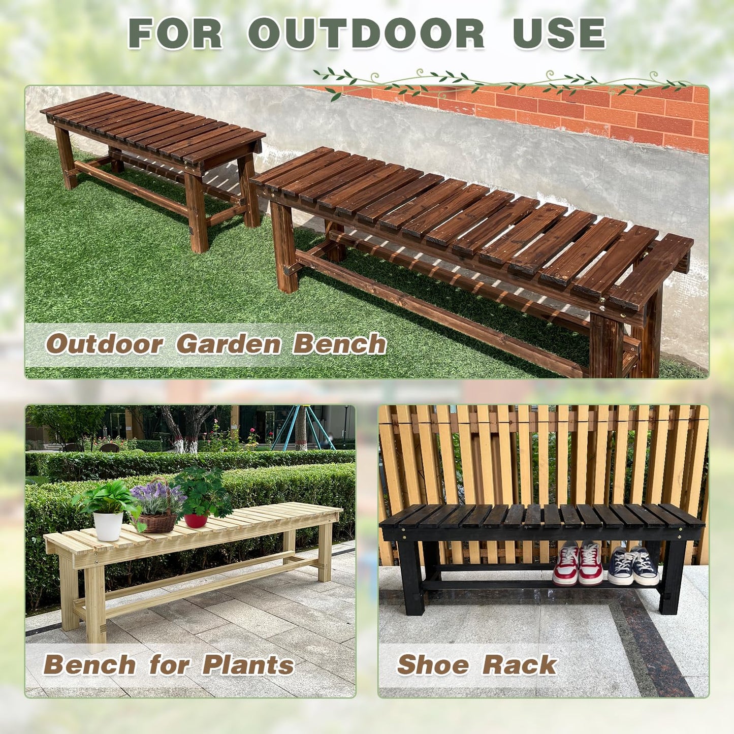 LSPYYDS Outdoor Garden Bench, 2-Person Wood Patio Bench Weatherproof Backless Bench, Anti-Corrosion and Anti-Rust for Garden Lawn Porch Park Backyard (Carbonized, 35.5''/90cm)