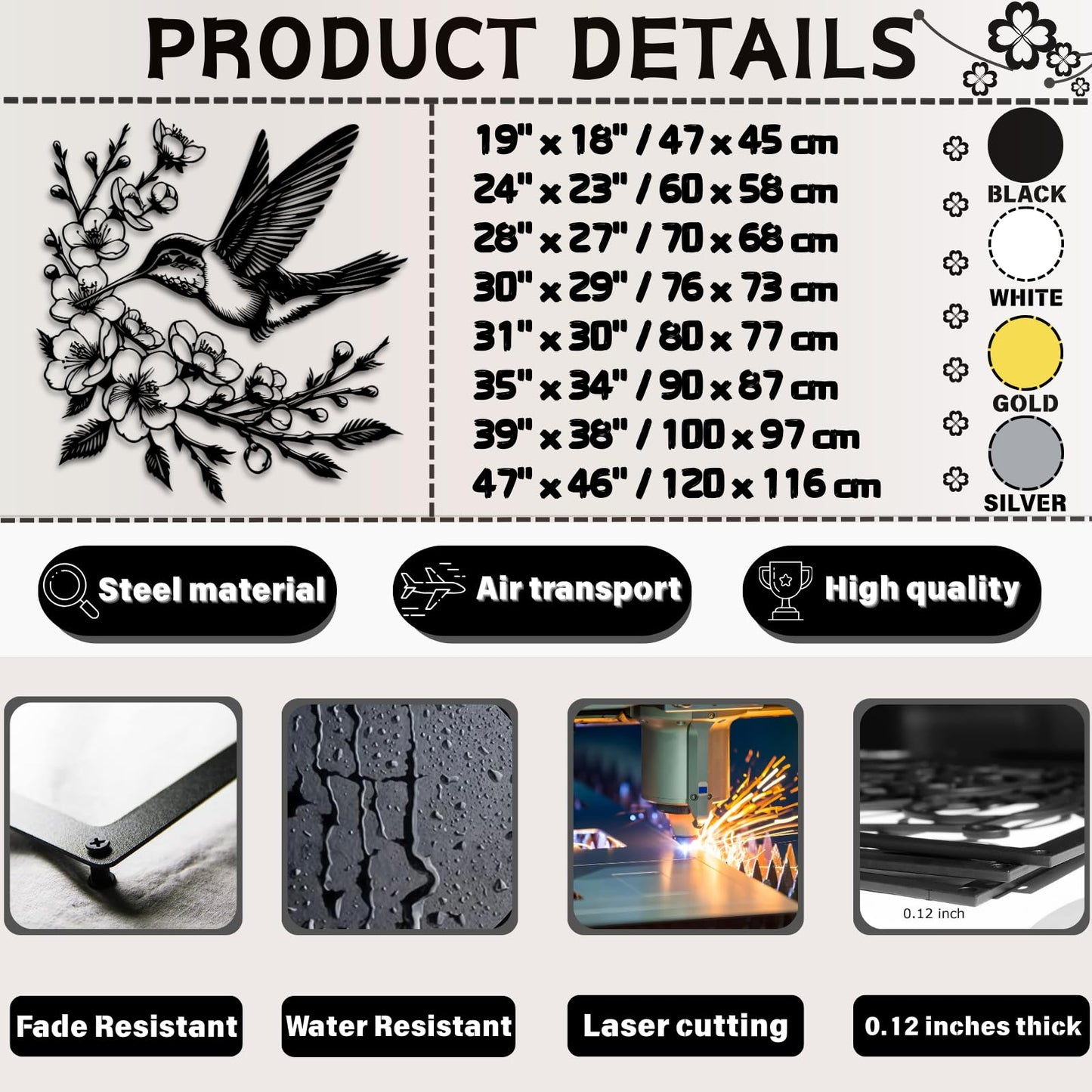 Maclou Hummingbird Metal Wall Art,Metal Flower Wall Decor,Hummingbird Wall Decor for Bedroom,Living Room,Bathroom (Black,19" x 18" / 47 x 45 cm)