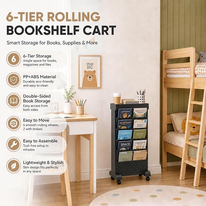 6-Tier Bookshelf, Book Storage Organization with Wheels Mobile Rolling Bookshelves Cart for Home Office Kids’ Study Room School, Black
