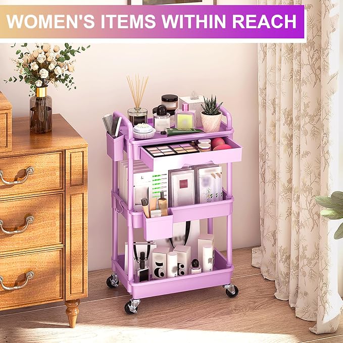 Goovilla 3 Tier Rolling Utility Cart Organizer with Removable Drawer, Stable and Sturdy Purple Rolling Storage Carts with 2 Lockable Wheels for Bathroom, Kitchen, Snack, Craft, Makeup, Baby Essentials