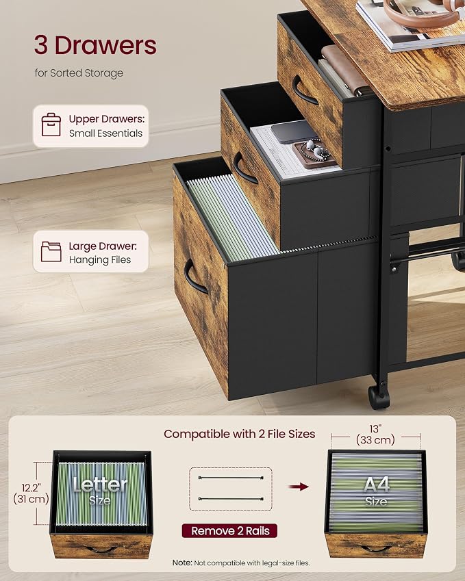 VASAGLE 3-Drawer File Cabinet, Mobile Printer Stand with Storage, Filing Cabinet for A4 Letter Size, Side Pockets, 23.6 x 15.7 x 26.8 Inch, Rustic Brown, Bellah Collection UOFC201KD01