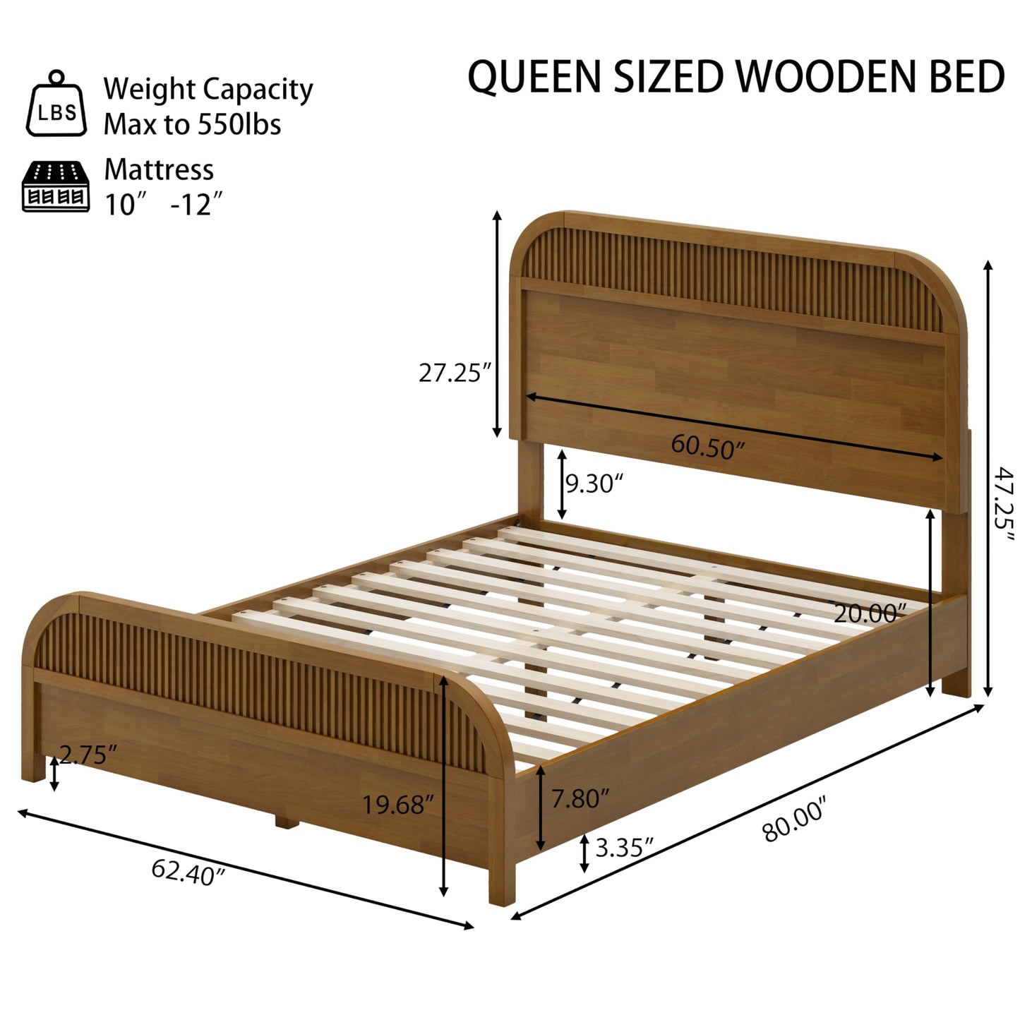 Christopher Knight Home Queen Size Wooden Bed Frame with Headboard, Oak Finish Platform Bed, Solid and Manufactured Wood, No Box Spring Needed, 550 lbs Capacity