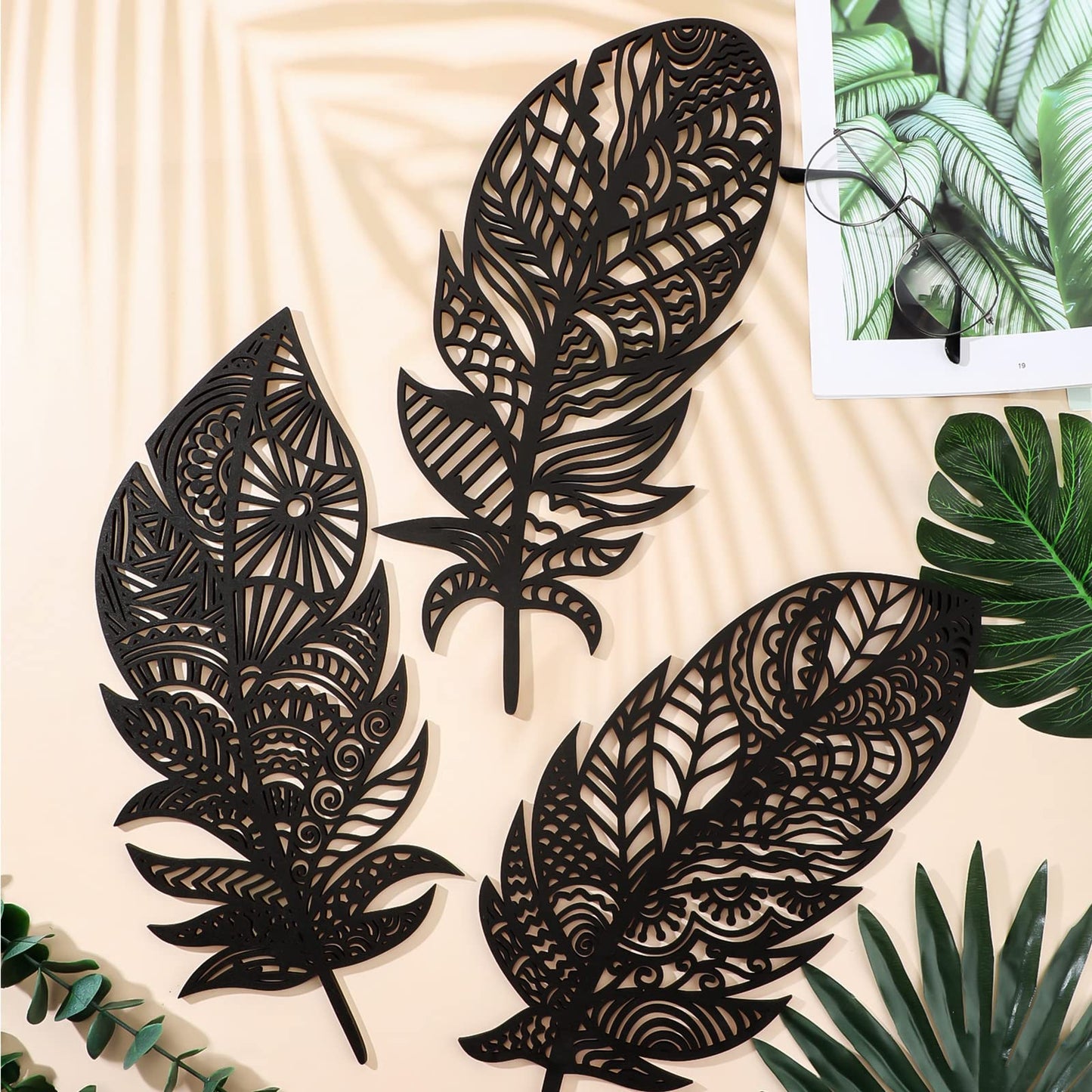 Yookeer 3 Pieces Feather Art Wall Boho Wooden Laser Cut Hanging Wall Decors Boho Wood Art Large Rustic Feather Decors Modern and Elegant Decoration for Home Kitchen(Black)