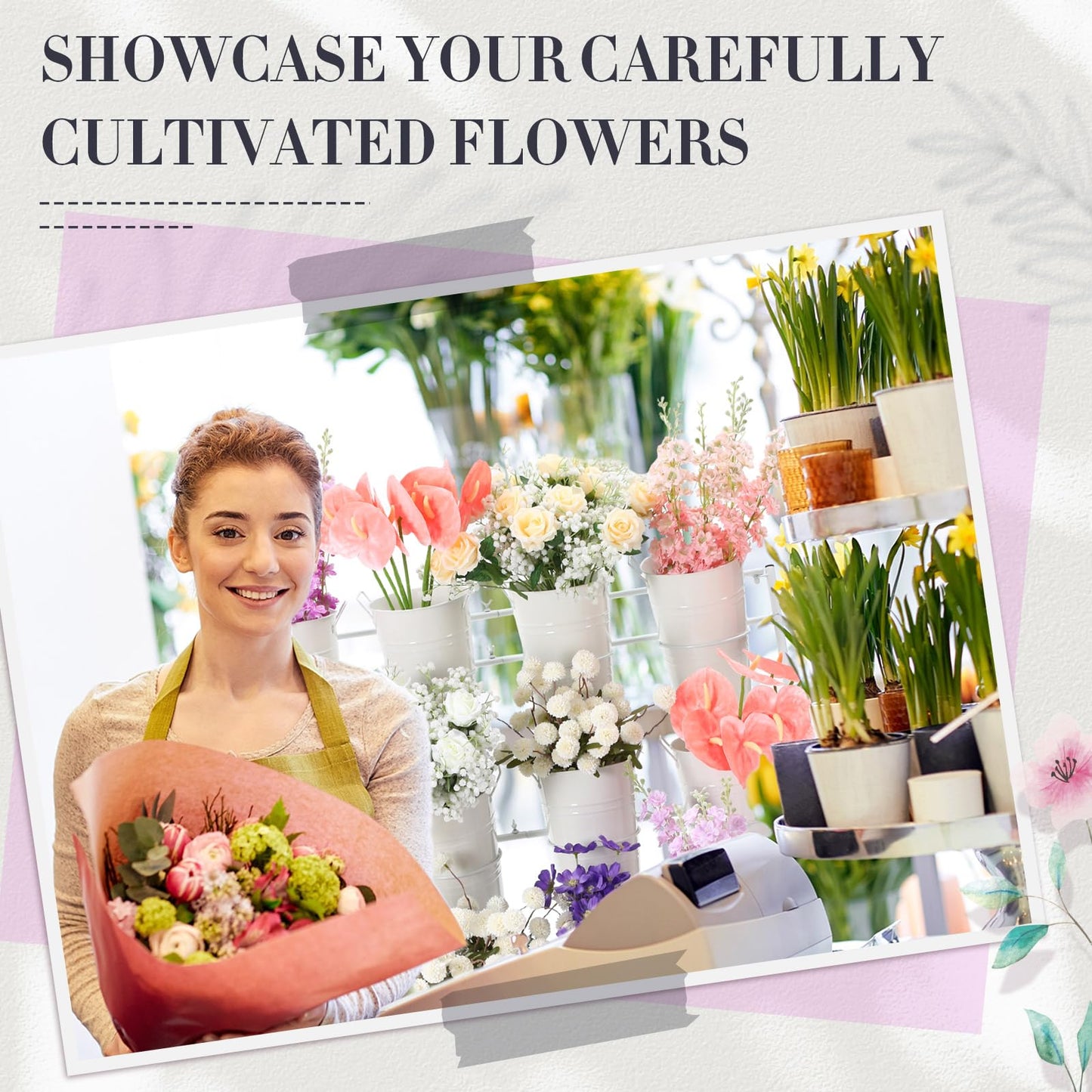 Ninehaoou Flower Plant Display Stand with Buckets 43 Inch Tall 3 Layers Metal Stand Cart Holder Moving Florist Bouquet Shelf for Fresh Flower Bar Shop Decor Patio Garden Outdoor Pop-up Events(White)