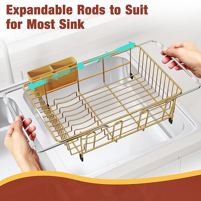JASIWAY Gold Dish Drying Rack in Sink, Expandable Stainless Steel Dish Drainers for Kitchen Counter, Dish Dryer Rack for Inside Sink, Over The Sink Dish Racks with Utensil Holder