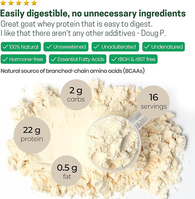Z Natural Foods Goat Whey Protein Powder Concentrate - Undenatured, Unflavored, Pasture Raised Whey - Clean Goat Protein Powder with Vital Proteins for Weight Management, Immune Support, Fitness, 1 lb