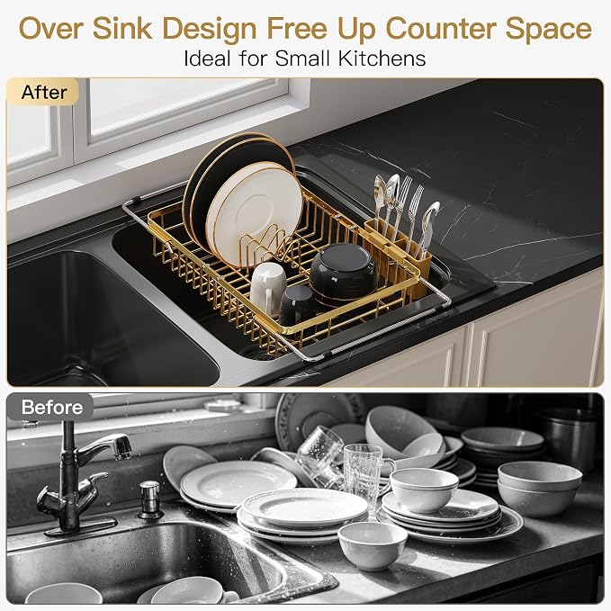 JASIWAY Gold Expandable Stainless Steel Dish Drying Rack Over The Sink for Small Kitchen, Counter Space Saving Compact Plate Drainer Strainer, Adjustable Hanging Metal Dish Dryer with Utensil Holder