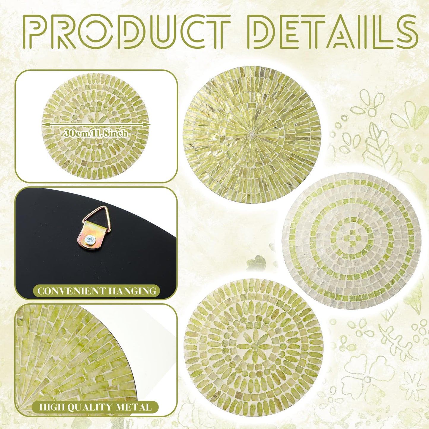 Tioncy 3 Pcs 11.8 Inches Spring Lime Green Mother of Pearl Shell Plate Lime Green Wall Art Mosaic Wall Sculpture Shell Handmade Hanging Plates Arts for Bedroom Bathroom Home Office Hotel