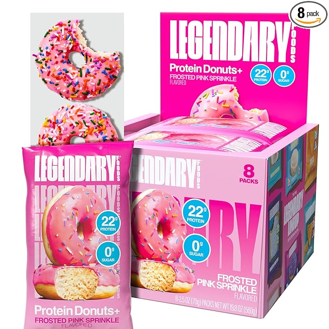 Legendary Foods 22gr Protein Donuts - Frosted Pink Sprinkle 8x (2 Donuts per Pack), High Protein, Zero Sugar, Gluten Free, Low Carb, Keto Friendly Snack, Healthy Donut GLP-1, Diabetic, Bariatric Diets