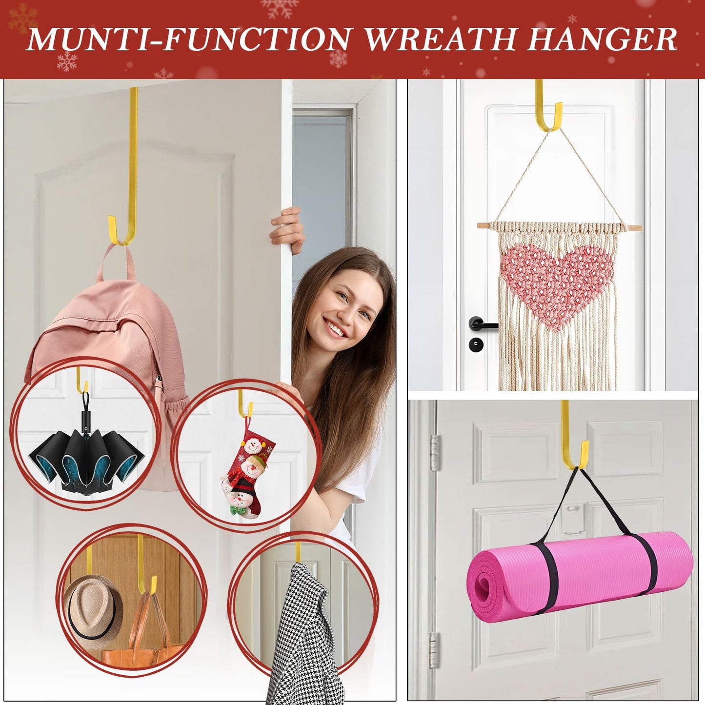 12" Metal Wreath Hanger for Front Door, Tools-Free Wreath Hanger Heavy Duty, Over-the-Door Hooks for Hanging Welcome Sign, Wreath Holder for Easter, Halloween, Fall, Christmas Decorations(Gold)