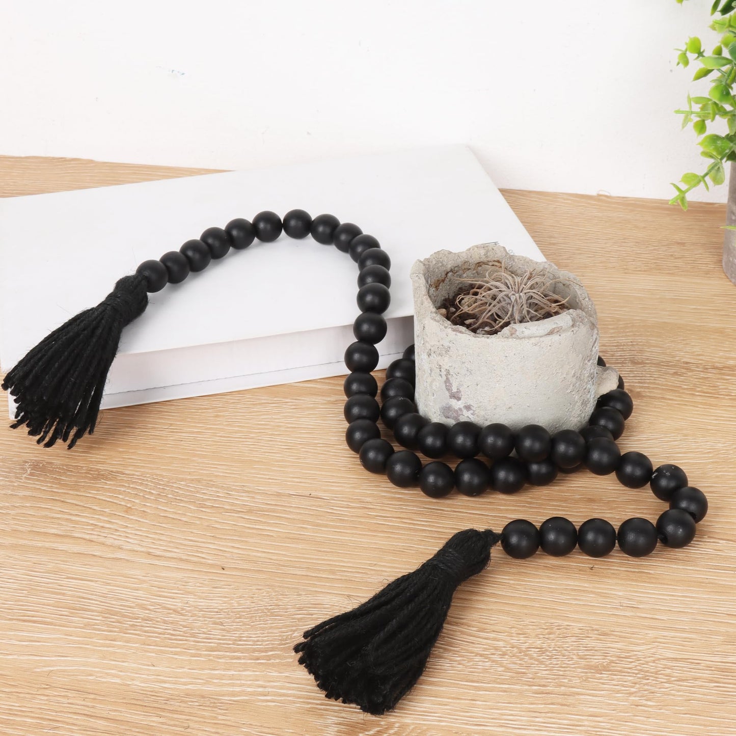 RAMIRABI Wood Beads Garland with Tassels Farmhouse Rustic Prayer Boho Beads for Boho Home Decor, Wall Hanging Decoration (Black)