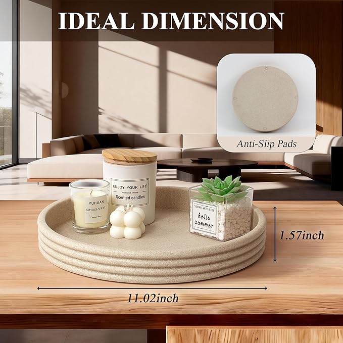 YMXYJM Round Decorative Tray - Modern Coffee Table Tray Decor, Resin Home Decor for Living Room & Bedroom. Multi-Functional Coffee Table Centerpiece with Anti-Slip Pads - 11x1.5 Inch Key Trays - Beige
